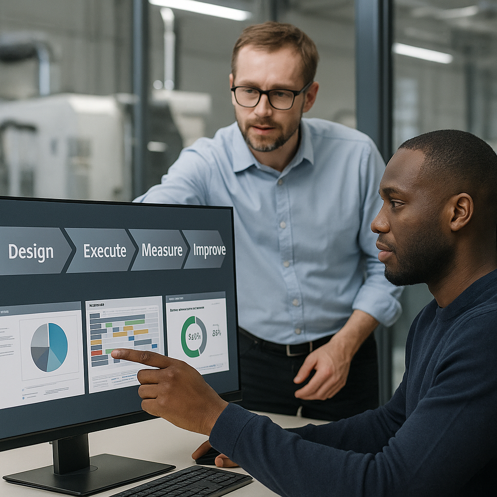 Manufacturing team reviewing connected product and production information